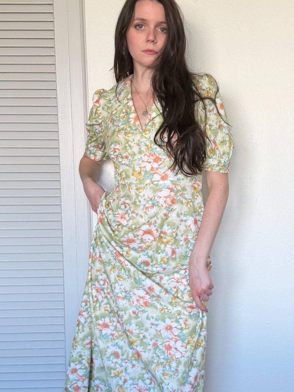 70s Floral Maxi Dress (M) medium green orange cap sleeve tall long retro cute